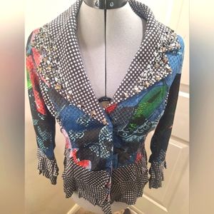 Alberto Makali Multi Print Blazer, Snap Front,w/Ruffles       Size 8